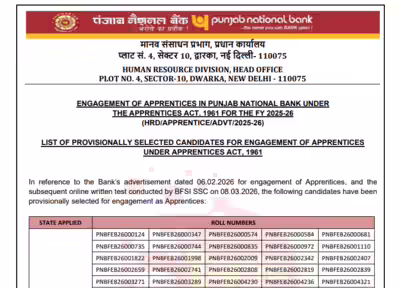 PNB Apprentice result 2026 released at pnb.bank.in: Direct link to download list of shortlisted candidates here