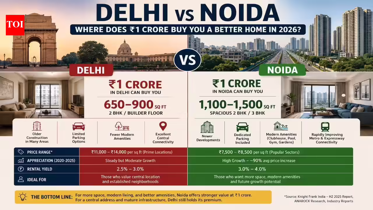 Delhi vs Noida: Which city gives homebuyers more space for ₹1 crore budget? |